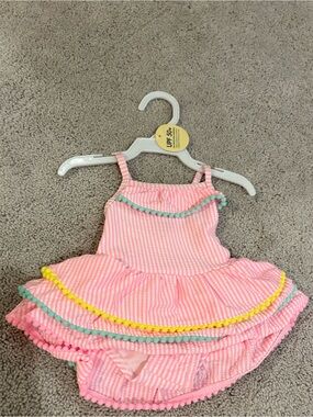 Girls Pink Striped Seersucker Ruffle Swim Dress with Pom Trim NWT - 3 MO
